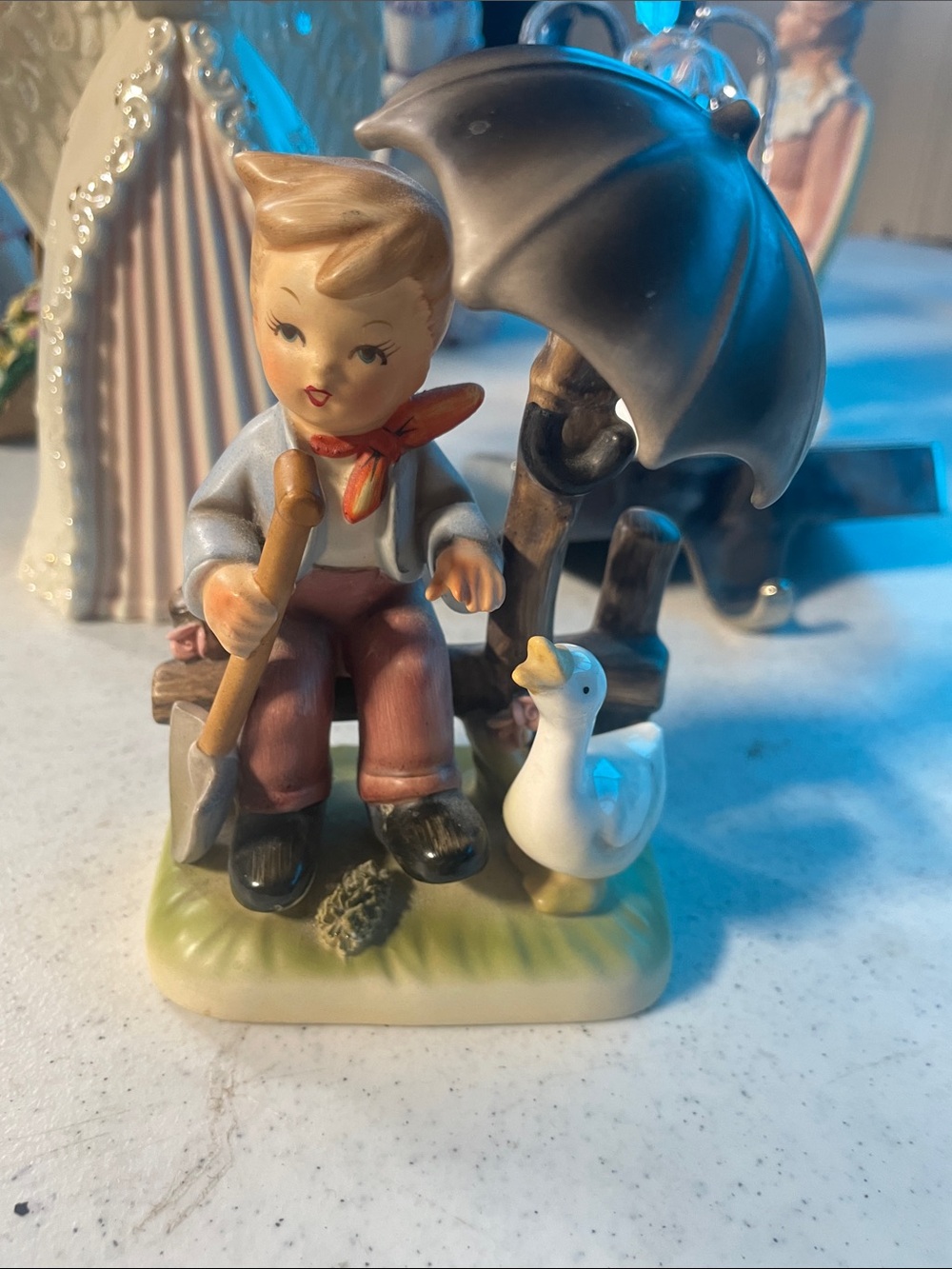 Vintage Boy with Umbrella Figurine - Hand-Painted Ceramic